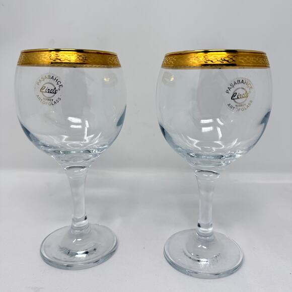 Pasabahce Circle Turkey Gold Rim Goblet Glasses Set of 2 Art of Glass 6.25” - Picture 1 of 7
